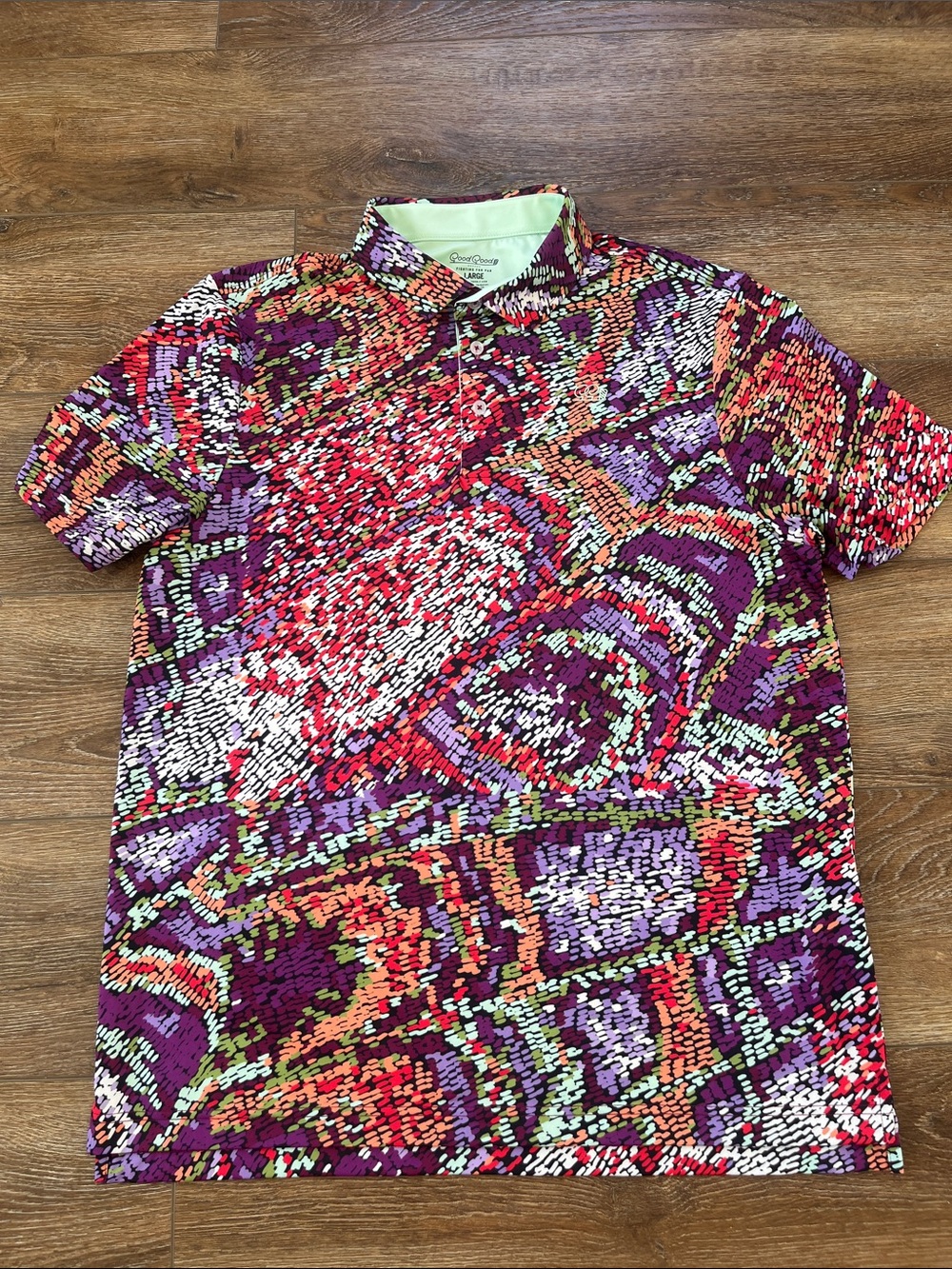 Good good Multicolor Abstract Polo Shirt with Purple and Red Accents